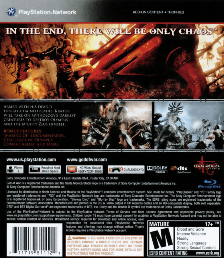 God of War III back cover art for PlayStation 3 (PS3) video game