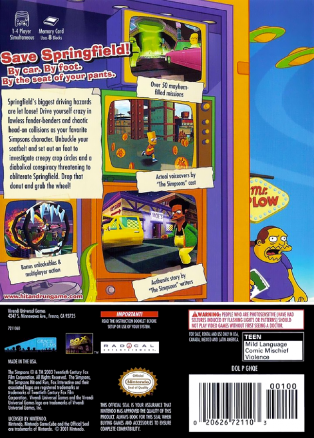 The Simpsons: Hit and Run back cover art for GameCube (GC) video game