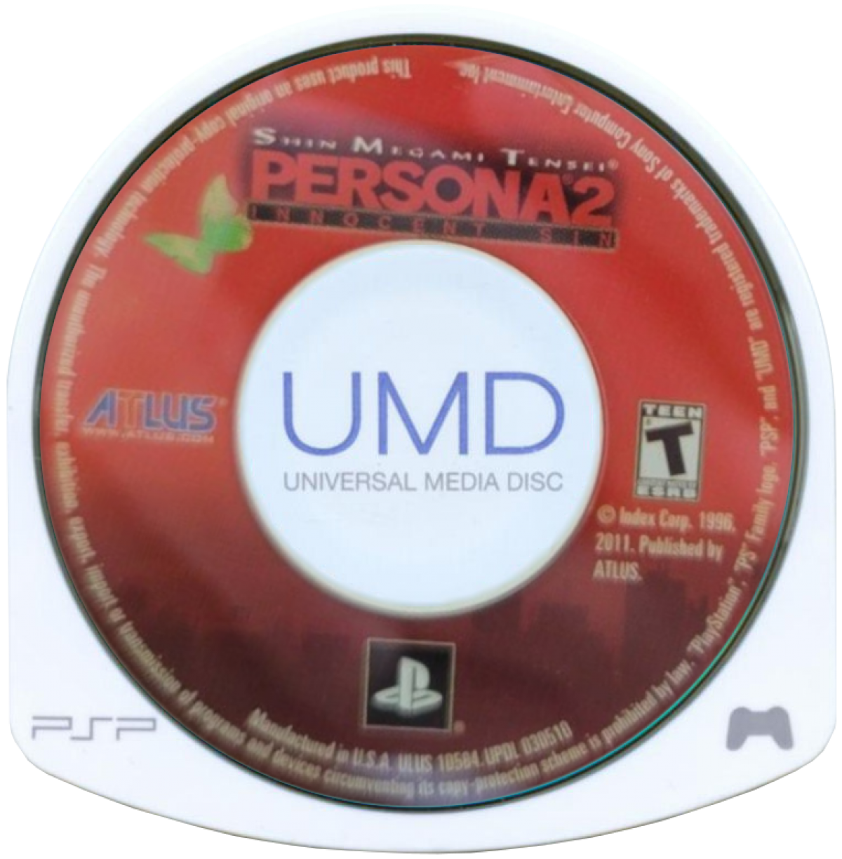 Persona 2 Innocent Sin UMD for the PlayStation Portable featuring turn based RPG gameplay with demon negotiation character driven storytelling and supernatural mystery in a modern Japanese city setting disc