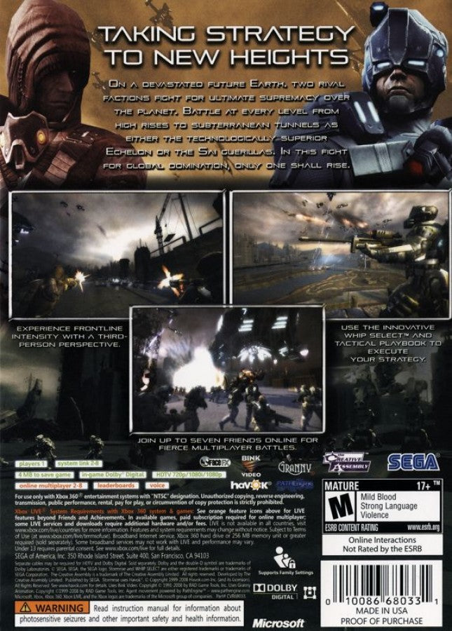 Stormrise back of case for Xbox 360 (X360) real-time tactics strategy video game