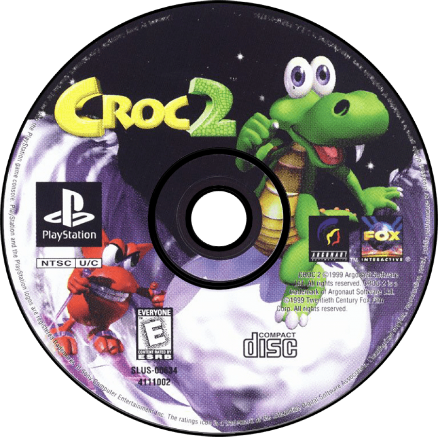 Croc 2 game for the PlayStation featuring 3D platforming gameplay with exploration puzzle solving collectible items and colorful levels as Croc embarks on a quest to rescue Gobbos and battle enemies across varied worlds disc