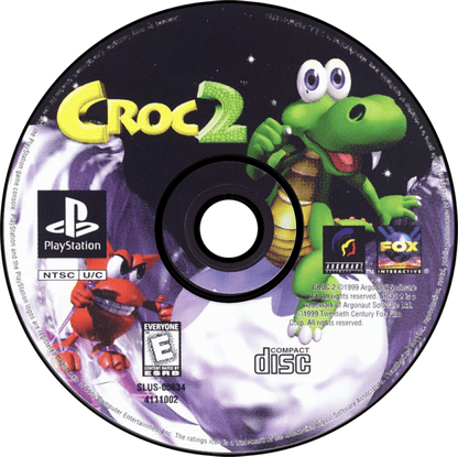 Croc 2 game for the PlayStation featuring 3D platforming gameplay with exploration puzzle solving collectible items and colorful levels as Croc embarks on a quest to rescue Gobbos and battle enemies across varied worlds disc