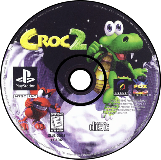 Croc 2 game for the PlayStation featuring 3D platforming gameplay with exploration puzzle solving collectible items and colorful levels as Croc embarks on a quest to rescue Gobbos and battle enemies across varied worlds disc