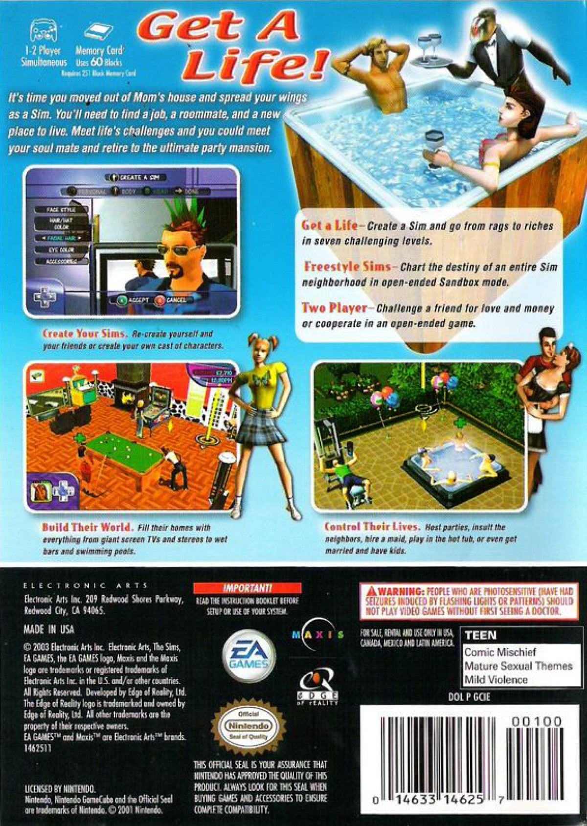 The Sims Nintendo GameCube game featuring life simulation gameplay character creation home building real time needs management career progression social interactions and open ended sandbox style play in a virtual neighborhood world back cover