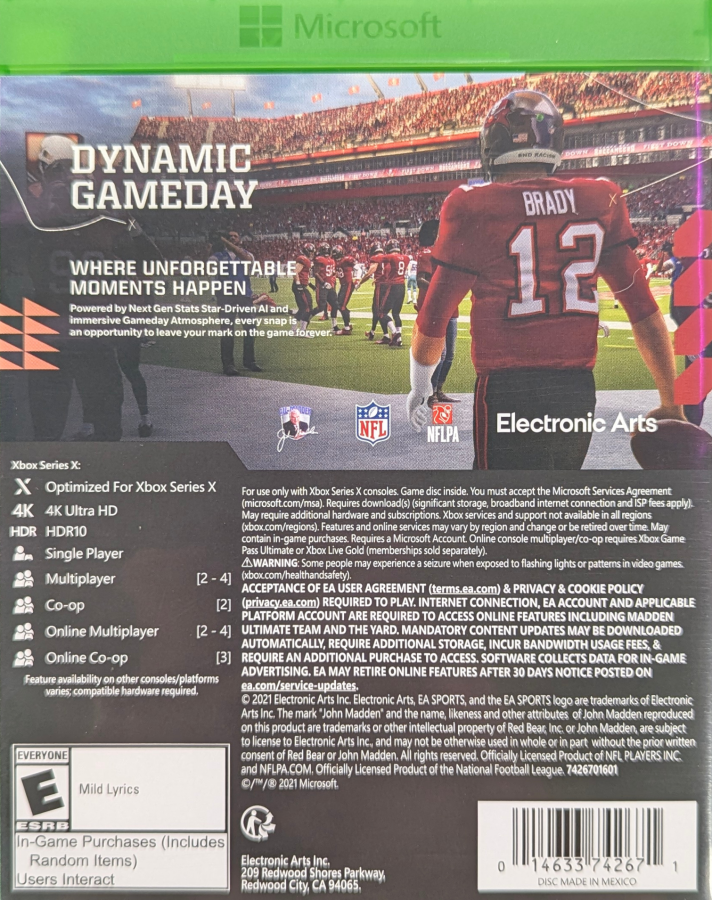 Madden NFL 22 for Xbox Series X (XSX) at Gamers INC, featuring the next-generation football experience powered by Dynamic Gameplay and Gameday Atmosphere, with enhanced AI, realistic player movement, and deeper "Face of the Franchise" and "Franchise Mode" features that bring every NFL Sunday to life in stunning 4K detail and lightning-fast loading speeds back cover