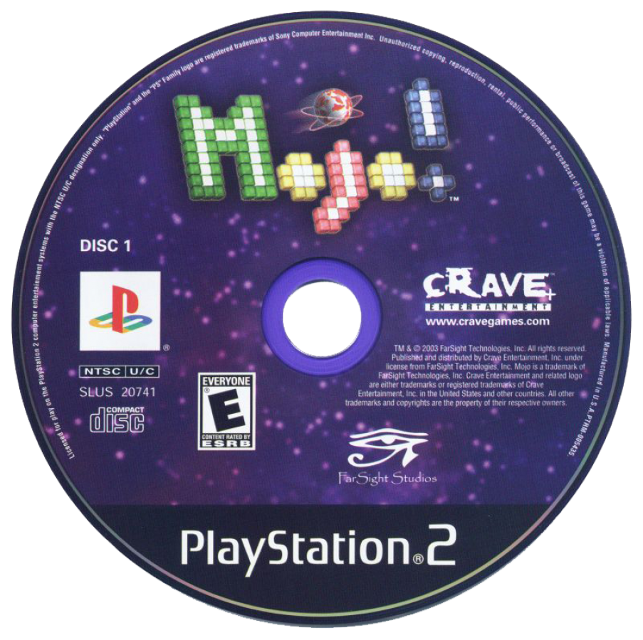 Mojo! disc art for PlayStation 2 (PS2) featuring puzzle‑based gameplay with physics‑driven challenges, colorful 3D mazes, and fast arcade action.