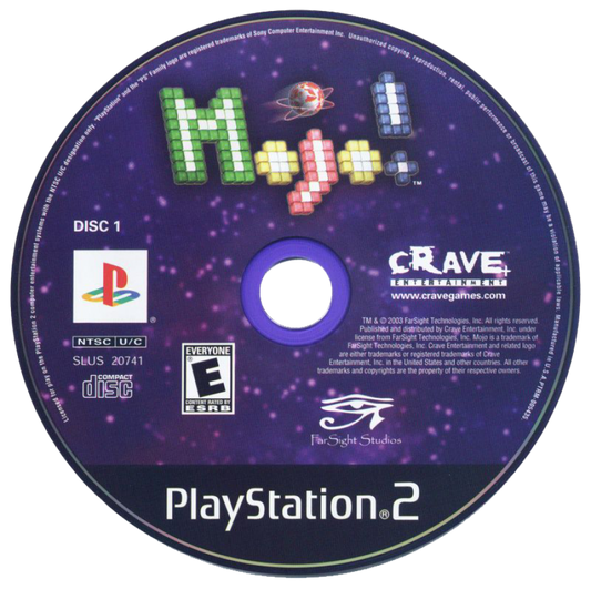 Mojo! disc art for PlayStation 2 (PS2) featuring puzzle‑based gameplay with physics‑driven challenges, colorful 3D mazes, and fast arcade action.