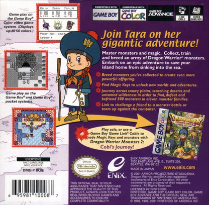 Dragon Warrior Monsters 2: Tara’s Adventure for Game Boy Color (GBC) at Gamers INC, featuring a deep monster-breeding RPG where you play as Tara to scout, tame, and synthesize monsters, explore randomly generated worlds through magical keys, and build the ultimate team in a charming classic Dragon Quest universe adventure back cover