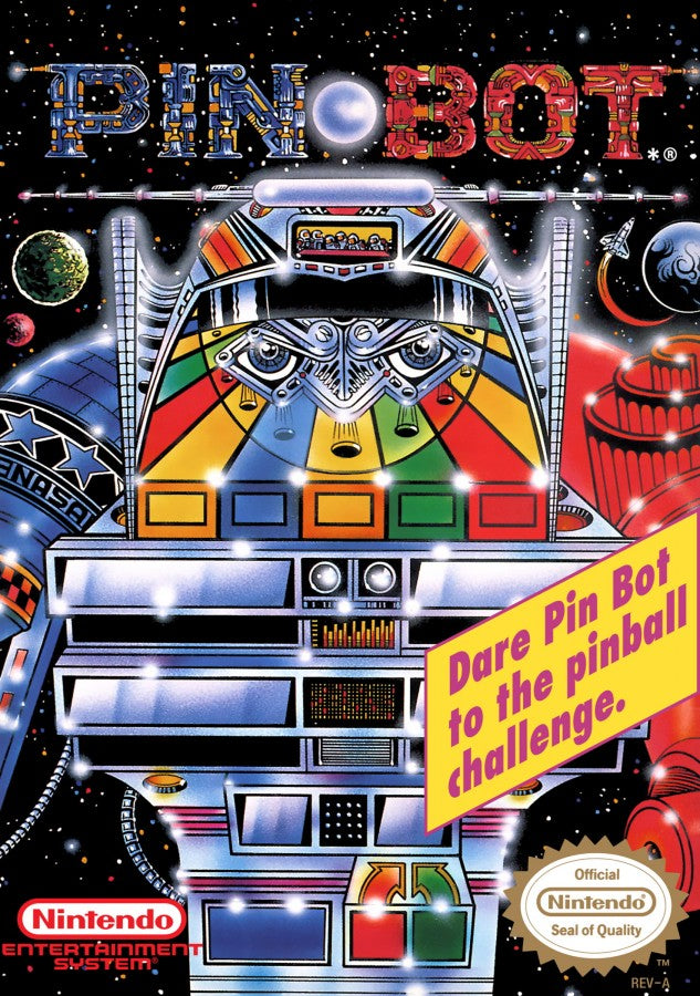 Pin Bot Nintendo Entertainment System NES for pinball video game fans featuring realistic digital pinball gameplay multiple themed tables bonus stages high score challenges fast paced arcade action classic Nintendo entertainment retro gaming collectible gaming appeal cover art