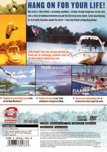 Wakeboarding Unleashed – PlayStation 2 (PS2) video game back of case, extreme sports wakeboarding.