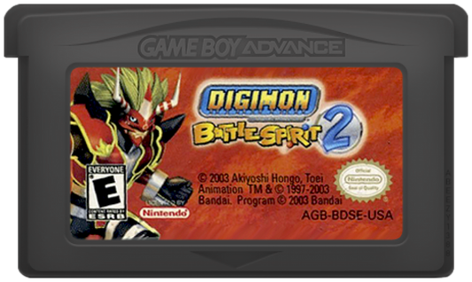 Digimon Battle Spirit 2 Game Boy Advance GBA video game featuring fighting gameplay Digimon battles character abilities special attacks arena combat collectible Digimon characters competitive matches and classic handheld Nintendo gameplay retro video game collection collectible gaming appeal cartridge