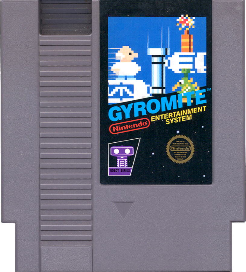 Gyromite 5 Screw Nintendo Entertainment System NES for action puzzle video game fans featuring Professor Hector and R.O.B. robot compatibility platforming gameplay color coded pillar puzzles classic Nintendo entertainment early NES release 5 screw cartridge collectible retro gaming appeal front game cartridge