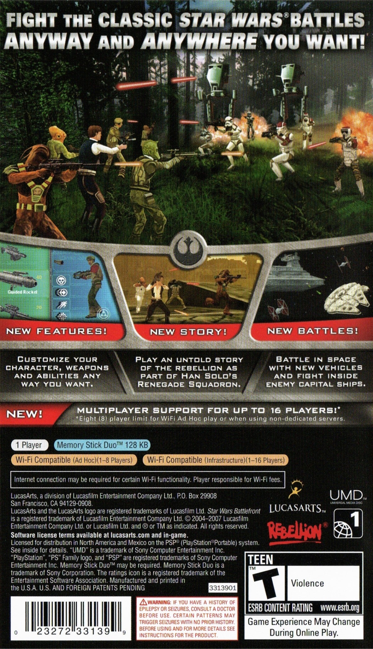 Star Wars Battlefront Elite Squadron PlayStation Portable PSP video game, third-person shooter, large-scale sci-fi battles, Star Wars franchise title back cover