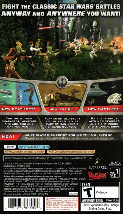 Star Wars Battlefront Elite Squadron PlayStation Portable PSP video game, third-person shooter, large-scale sci-fi battles, Star Wars franchise title back cover