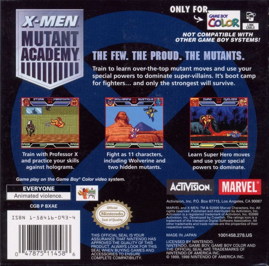X-Men Mutant Academy Game Boy Color GBC handheld fighting game featuring Marvel comic book characters Wolverine Cyclops Storm and Magneto with special moves combo attacks and versus mode portable adaptation of the console title back cover