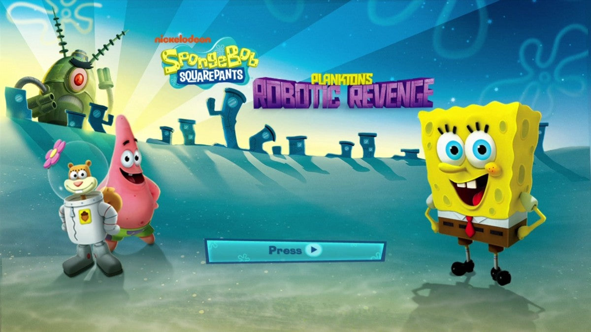 SpongeBob SquarePants: Plankton's Robotic Revenge start screen for Xbox 360 (X360) action-adventure platformer video game