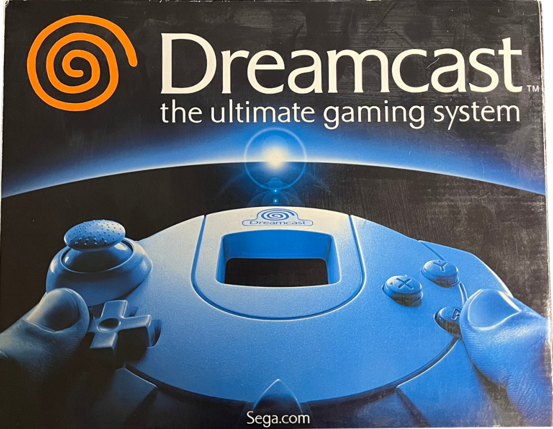 Sega Dreamcast console CIB complete in box system Sega Dreamcast hardware original box controller cables manuals GD ROM disc gaming retro console 128 bit gaming system Sega console bundle complete set box front