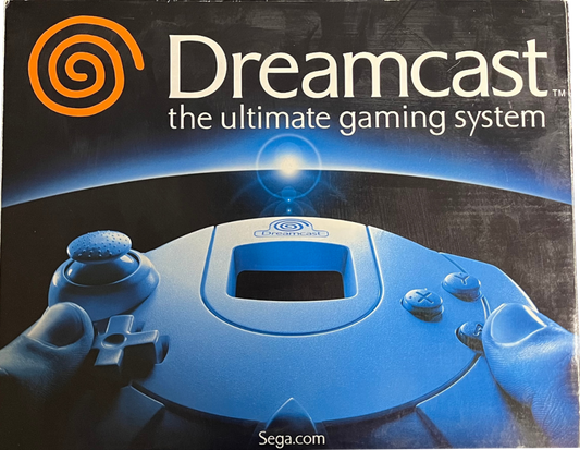 Sega Dreamcast console CIB complete in box system Sega Dreamcast hardware original box controller cables manuals GD ROM disc gaming retro console 128 bit gaming system Sega console bundle complete set box front