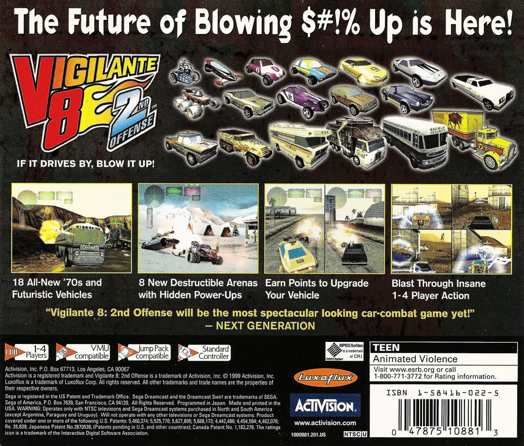 Vigilante 8 Second Offense Sega Dreamcast retro video game vehicular combat back of case