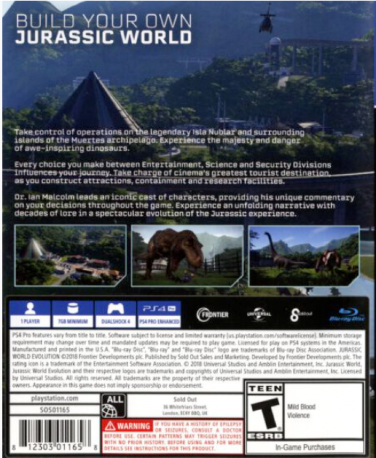 Jurassic World Evolution PlayStation 4 PS4 park management simulation video game building dinosaur theme park on five islands researching DNA creating dinosaurs from films containing herbivores carnivores enclosures guest facilities Sabertooth games back cover art
