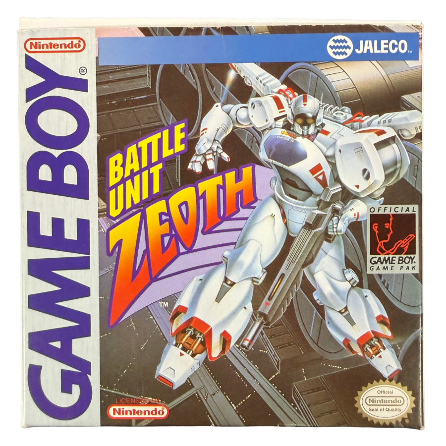 Battle Unit Zeoth Game Boy GB for action shooter video game fans featuring fast paced side scrolling combat futuristic environments challenging enemy encounters powerful weapons platforming elements boss battles and classic monochrome handheld gameplay collectible retro Nintendo Game Boy gaming appeal cover art