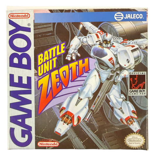 Battle Unit Zeoth Game Boy GB for action shooter video game fans featuring fast paced side scrolling combat futuristic environments challenging enemy encounters powerful weapons platforming elements boss battles and classic monochrome handheld gameplay collectible retro Nintendo Game Boy gaming appeal cover art