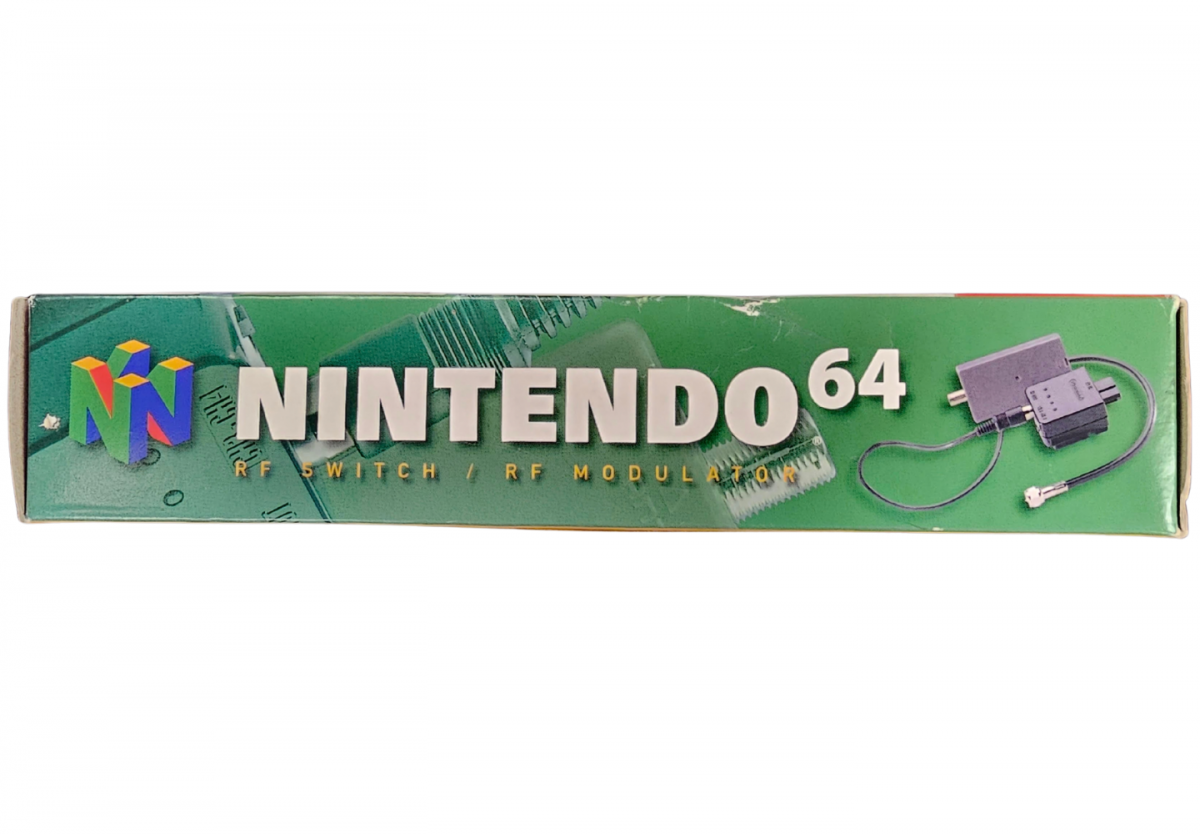 RF Switch CIB Nintendo 64 N64 accessory featuring television connection support for Nintendo 64 console RF switch hardware classic gaming setup compatible Nintendo 64 systems complete in box retro video game accessory N64 collection collectible gaming hardware appeal bottom of box