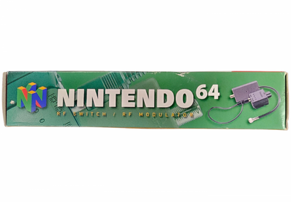 RF Switch CIB Nintendo 64 N64 accessory featuring television connection support for Nintendo 64 console RF switch hardware classic gaming setup compatible Nintendo 64 systems complete in box retro video game accessory N64 collection collectible gaming hardware appeal bottom of box