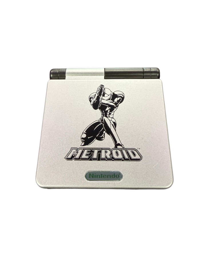 Game Boy Advance SP Metroid custom shell AGS-001 handheld gaming system featuring a custom black and gray Metroid themed shell design with a frontlit screen clamshell form factor rechargeable battery and compatibility with Game Boy Advance and Game Boy Color games clam shell top