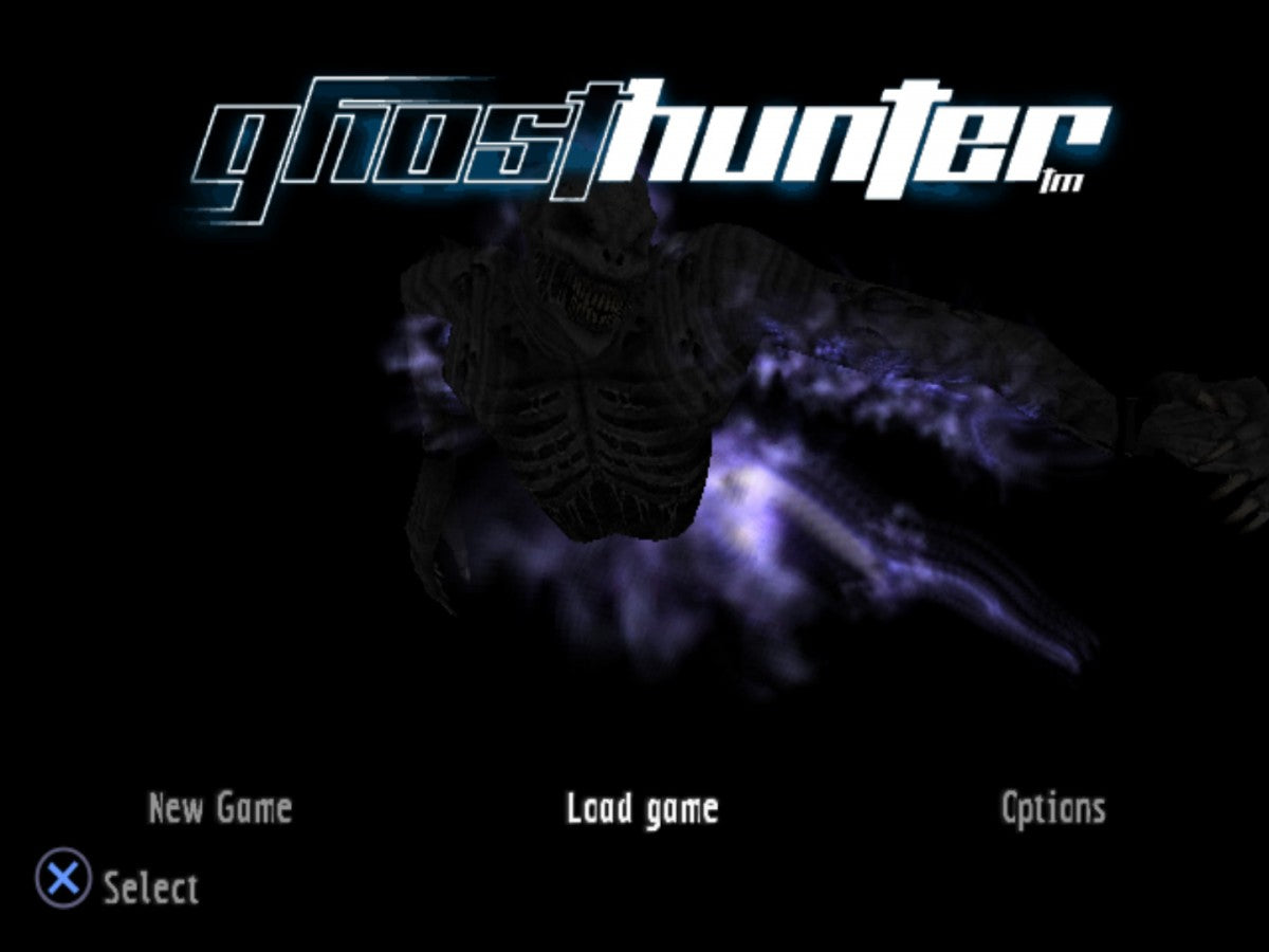 Ghosthunter PS2 Sony PlayStation 2 action adventure horror game third person shooting supernatural ghost hunting paranormal enemies puzzle solving atmospheric gameplay dark comedy elements retro gaming PlayStation 2 software video game title start screen