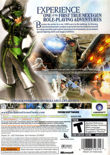 Enchanted Arms Xbox 360 for retro video game enthusiasts featuring fantasy role playing gameplay turn based combat strategic party building magical golem companions expansive world exploration character progression systems and immersive JRPG gaming experience and collectible gaming appeal back art 