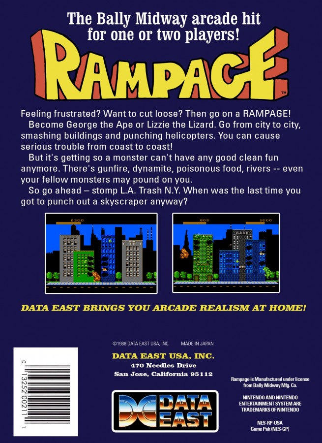 Rampage Nintendo Entertainment System NES arcade-style action video game featuring giant monsters smashing buildings battling military forces climbing skyscrapers destroying cities and classic Nintendo Entertainment System NES gameplay collectible retro gaming appeal back cover art