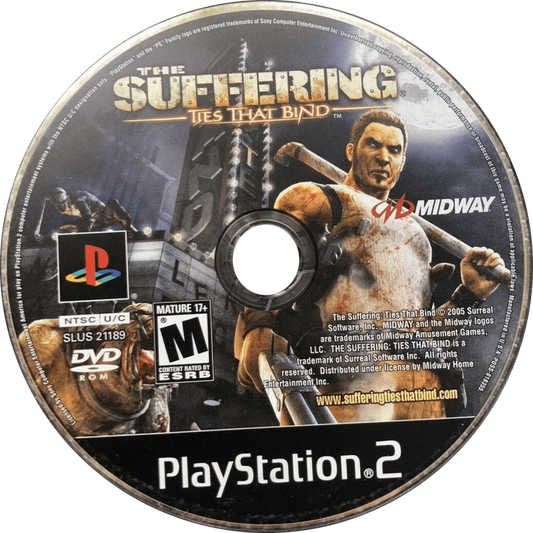 The Suffering Ties That Bind PS2 inspired design featuring psychological horror action aesthetic dark urban nightmare environments supernatural creatures brutal combat mature storytelling intense survival gameplay atmospheric horror adventure nostalgic PlayStation 2 presentation disc