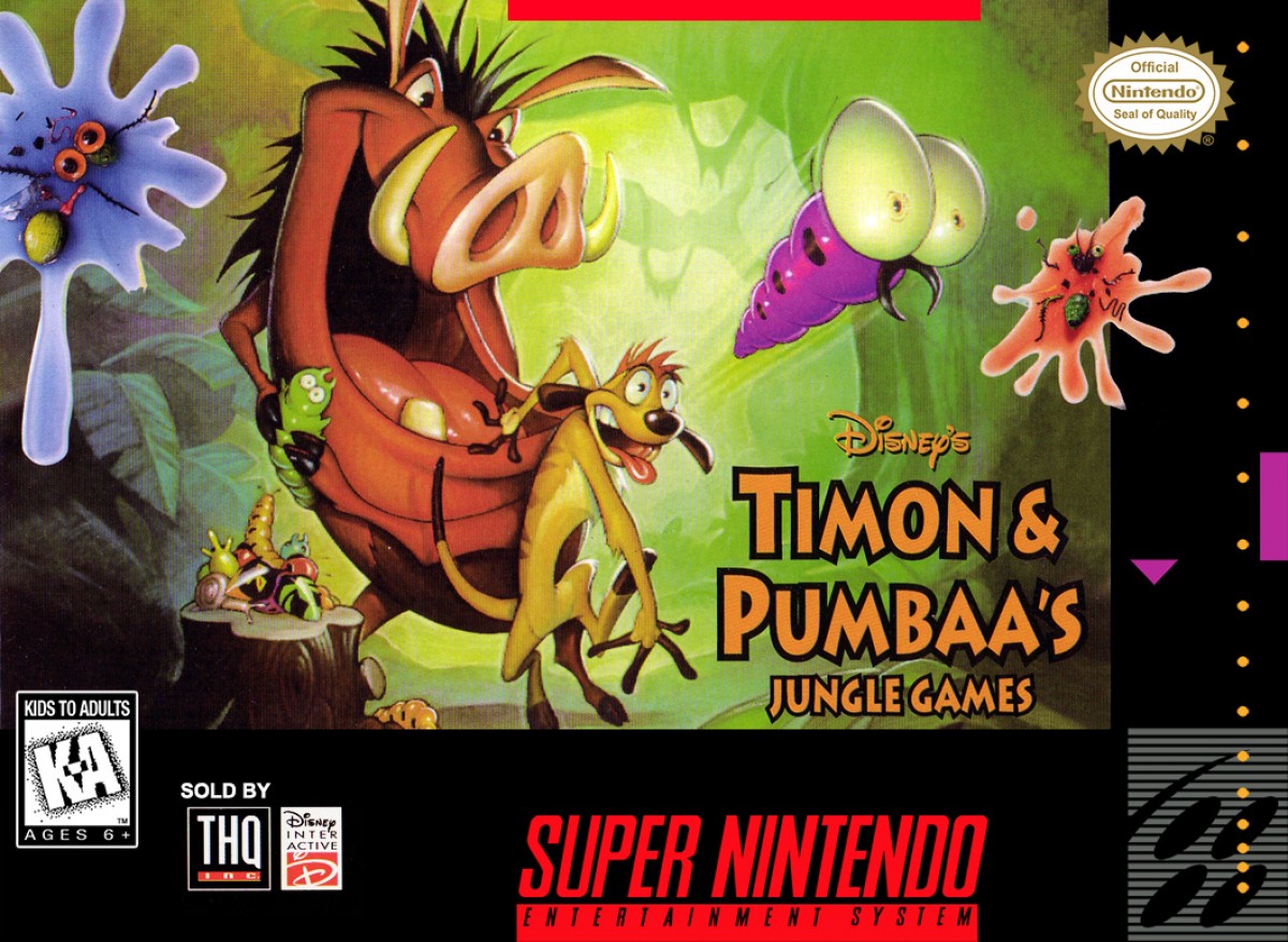 Timon and Pumbaa Jungle Games Super Nintendo Entertainment System SNES video game featuring mini game collection gameplay Timon and Pumbaa characters jungle themed challenges arcade style activities puzzle games action challenges and classic 16 bit Nintendo gameplay retro video game collection collectible gaming appeal front cover art