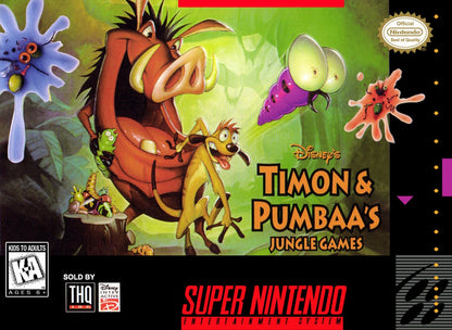 Timon and Pumbaa Jungle Games Super Nintendo Entertainment System SNES video game featuring mini game collection gameplay Timon and Pumbaa characters jungle themed challenges arcade style activities puzzle games action challenges and classic 16 bit Nintendo gameplay retro video game collection collectible gaming appeal front cover art