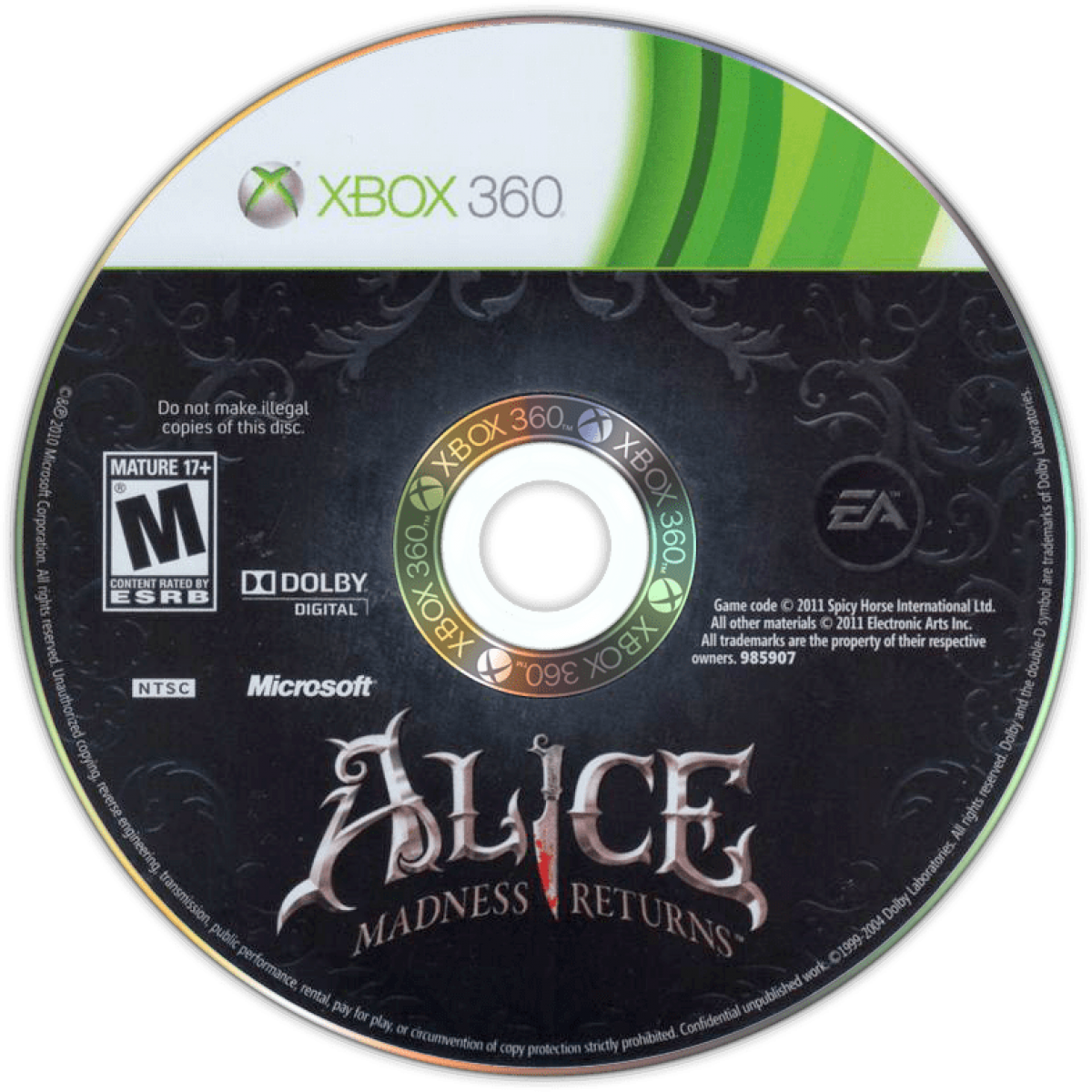 Alice: Madness Returns disc for Xbox 360 (X360) action-adventure video game