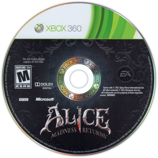 Alice: Madness Returns disc for Xbox 360 (X360) action-adventure video game