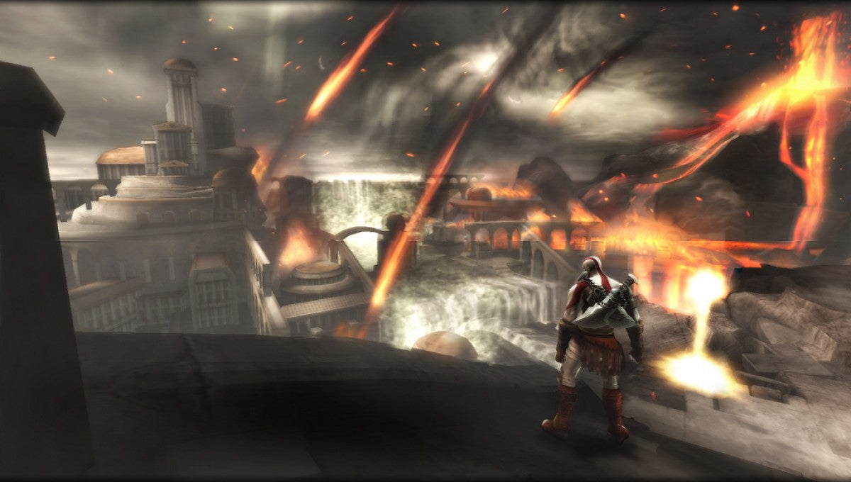 God of War Ghost of Sparta PlayStation Portable PSP action-adventure hack and slash video game prequel to the God of War series featuring Kratos combat magic upgrades and the Arms of spear and shield developed by Ready at Dawn exclusive Sony handheld epic cinematic Greek mythology quest gameplay screenshot