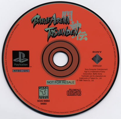 Battle Arena Toshinden [Not For Resale] disc cover art for PlayStation 1 (PS1) fighting video game.