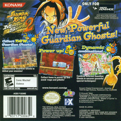 Shaman King Master of Spirits 2 for Game Boy Advance (GBA), back of case for a retro video game featuring action platforming gameplay, spirit-based combat, anime-inspired storyline, character progression, and side-scrolling adventure
