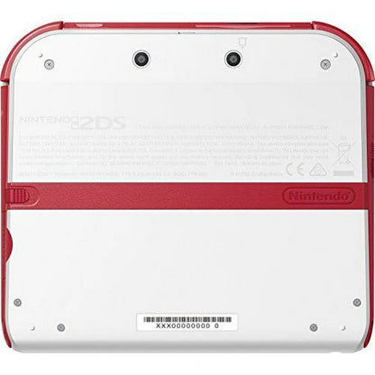 Nintendo 2DS handheld console in white and red with dual screens and durable design