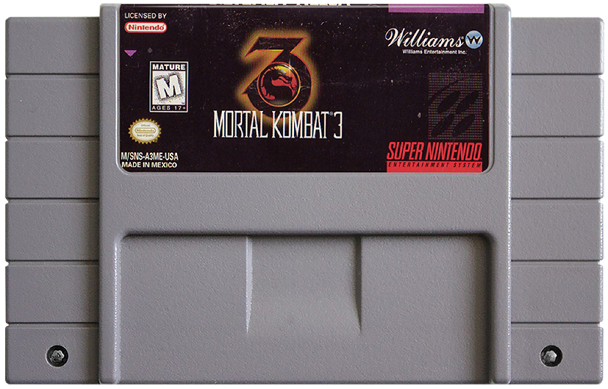 Mortal Kombat 3 Super Nintendo Entertainment System SNES video game, fighting action, arcade-style combat, classic Mortal Kombat franchise title cartridge
