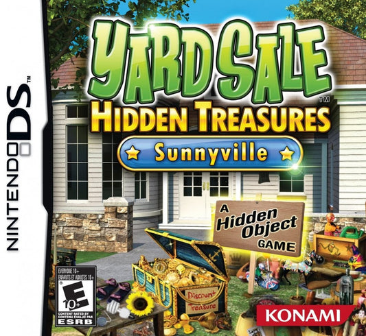 Yard Sale Hidden Treasures Sunnyville game for the Nintendo DS featuring hidden object gameplay where players explore yard sale scenes in the town of Sunnyville searching for items completing puzzles and using found objects to decorate and upgrade a home in a light story driven progression system
 cover art