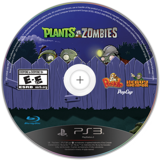 Plants vs Zombies disc art for PlayStation 3 (PS3) video game