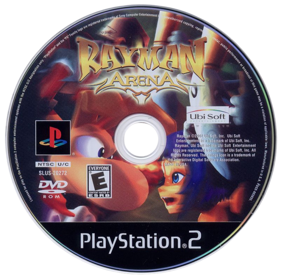 Rayman Arena – PlayStation 2 (PS2) video game disc, party platformer battle game.
