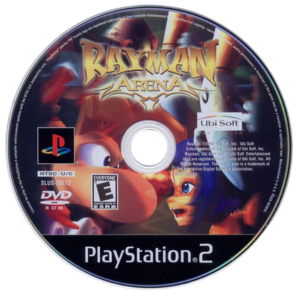 Rayman Arena – PlayStation 2 (PS2) video game disc, party platformer battle game.