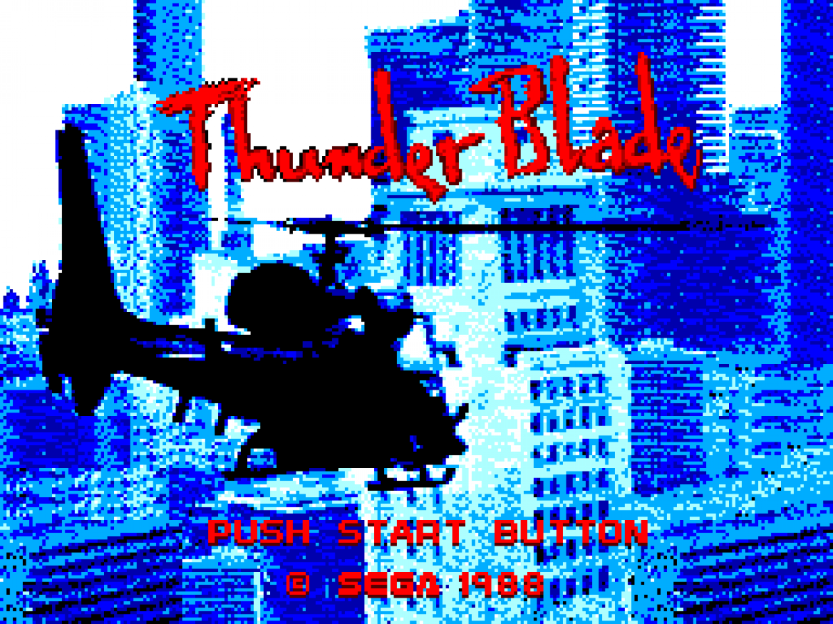 Thunder Blade – Sega Master System (SMS) start screen for helicopter shoot 'em up video game