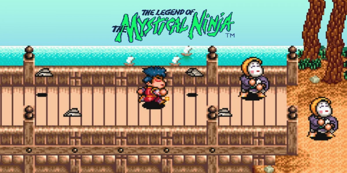 Retro Legend of the Mystical Ninja SNES inspired design featuring classic Konami action adventure aesthetic colorful feudal Japan side scrolling gameplay quirky humor co op battles pixel art exploration nostalgic Super Nintendo presentation gameplay