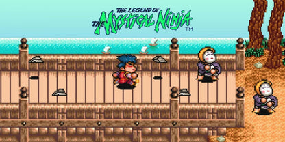 Retro Legend of the Mystical Ninja SNES inspired design featuring classic Konami action adventure aesthetic colorful feudal Japan side scrolling gameplay quirky humor co op battles pixel art exploration nostalgic Super Nintendo presentation gameplay