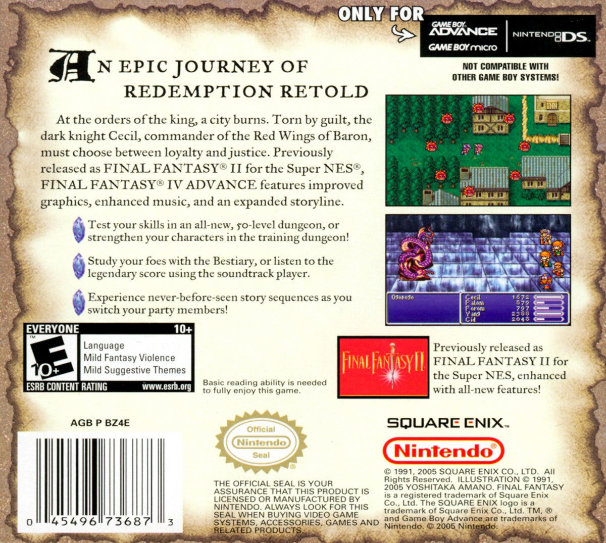Final Fantasy IV Advance cartridge for the Game Boy Advance featuring classic turn based RPG gameplay with an epic story memorable characters and enhanced content from the original Final Fantasy IV adventure back cover art